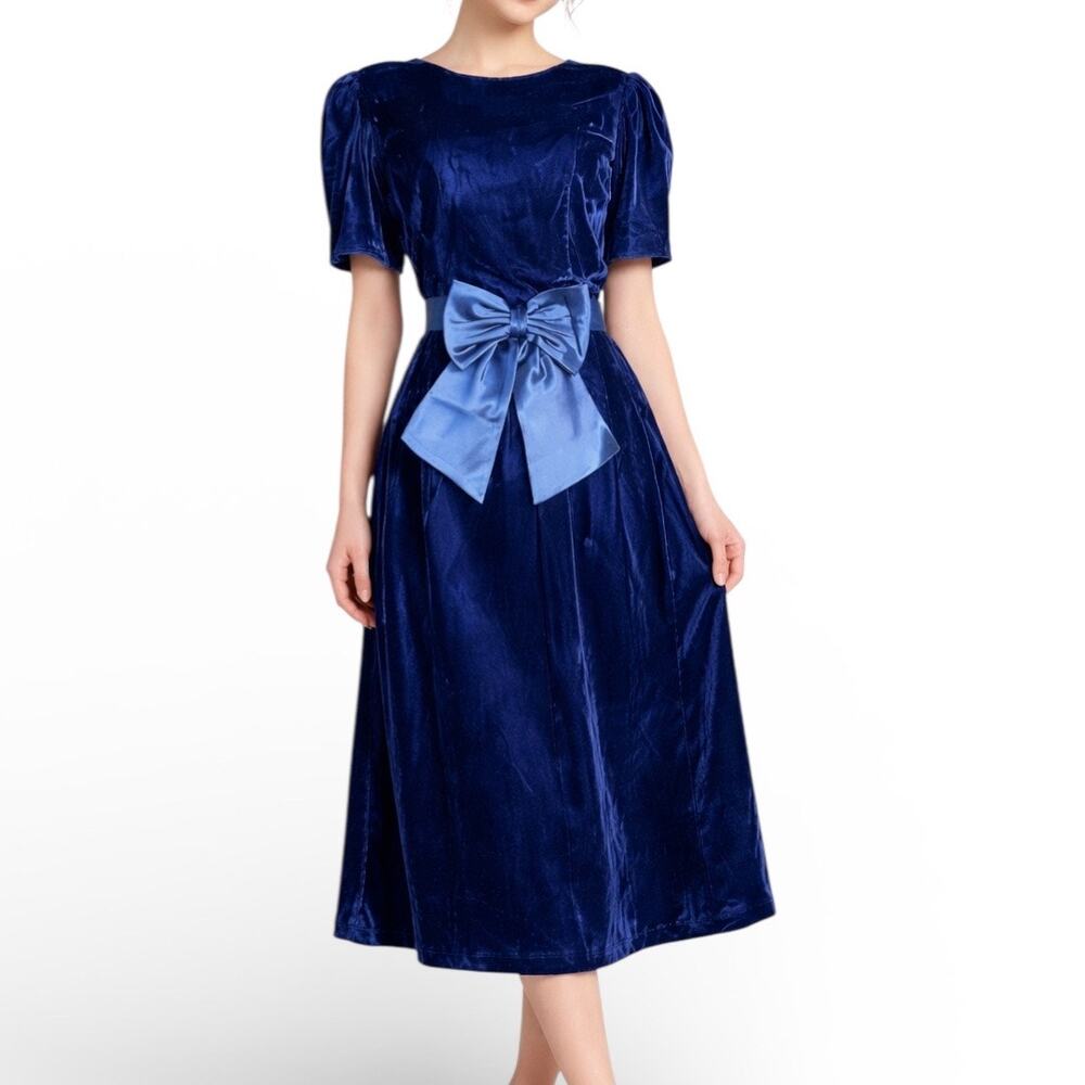 Vintage 80s Lanz Originals Blue Velvet Midi Dress Satin Bow V Back Puff Sleeve